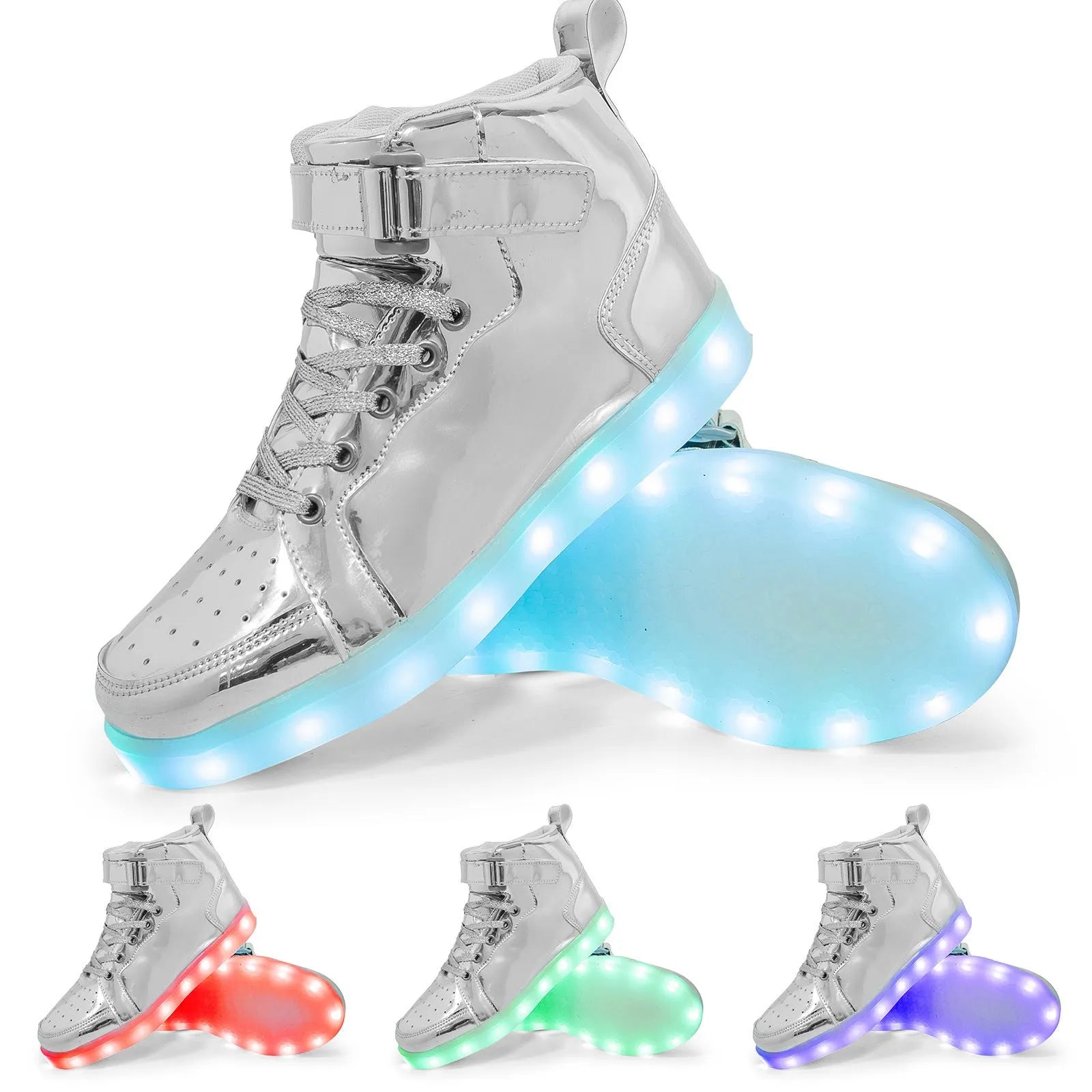 Pair of LED high-top board shoes with lights on, showing Velcro fastening and rubber sole.