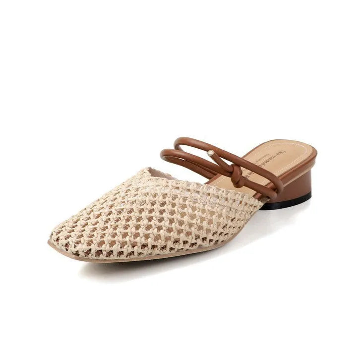 Women's black French retro square toe slippers with hollow-out design and chunky mid heel