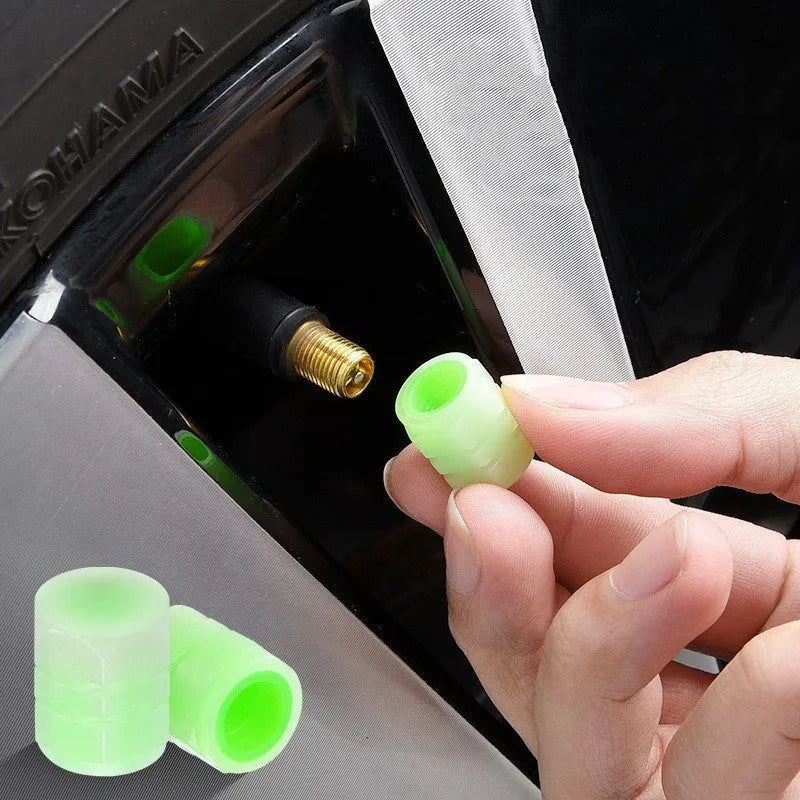 Luminous rubber car tyre valve caps showing size and glow feature