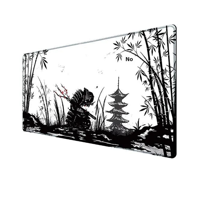 Japanese samurai design cloth gaming mouse pad on a desk, showing non-slip base and custom artwork.