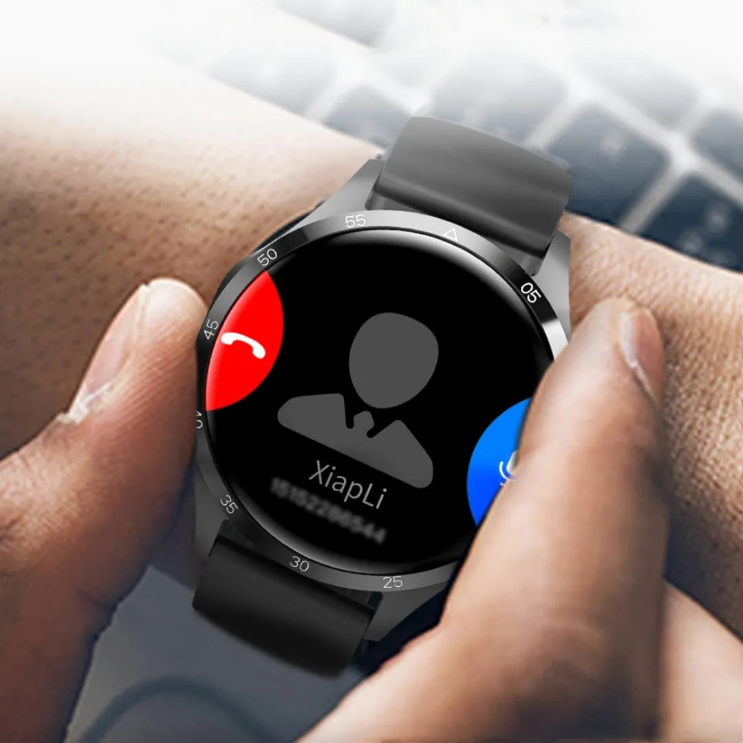 Black Bluetooth smartwatch with touchscreen showing health stats, available with silicone or Milan mesh strap.