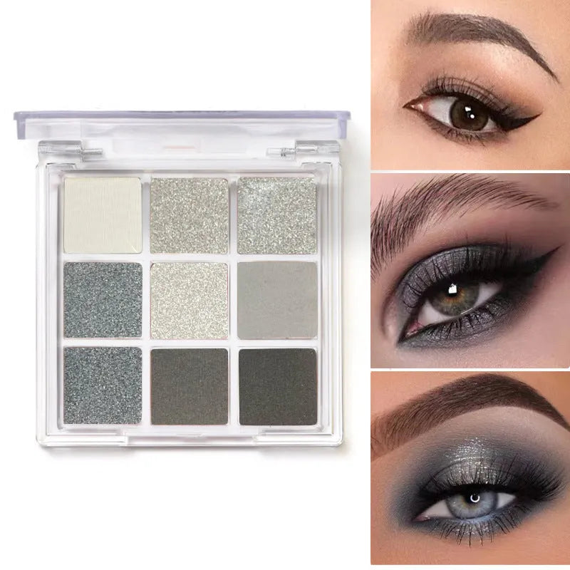 INS-style nine-color eyeshadow palette open, showing white, silver, black, and iron grey pressed powder shades.