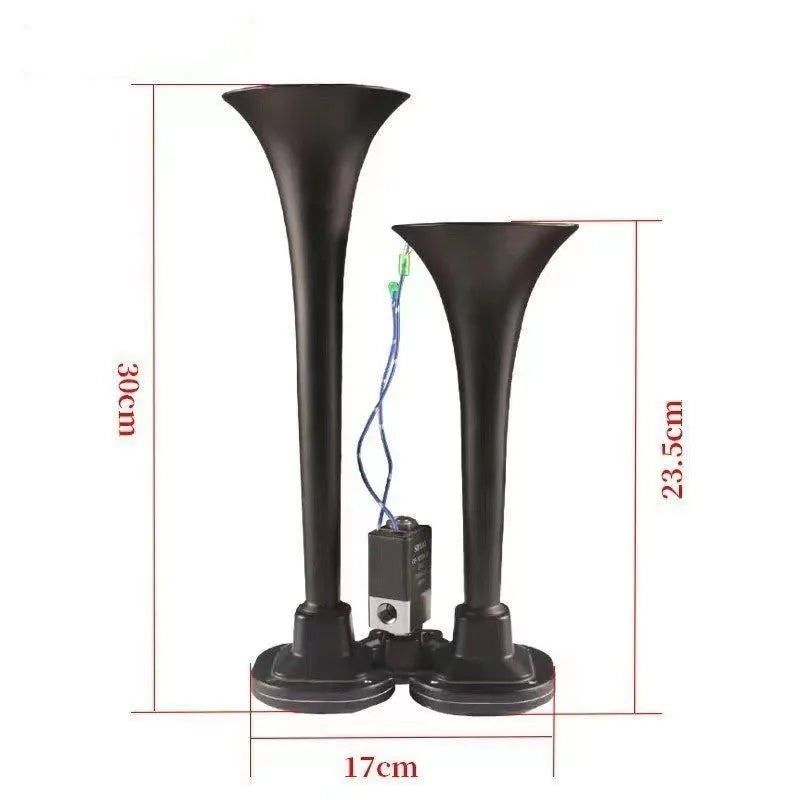Black dual trumpet 300dB universal air horn kit for 12V and 24V vehicles