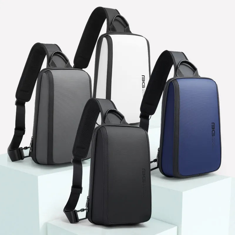 Blue men's Oxford cloth messenger bag with shoulder strap and handle, showing front view.