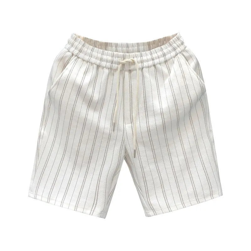 Men's black and white striped fleece-lined casual shorts with an ankle band and double waistband.