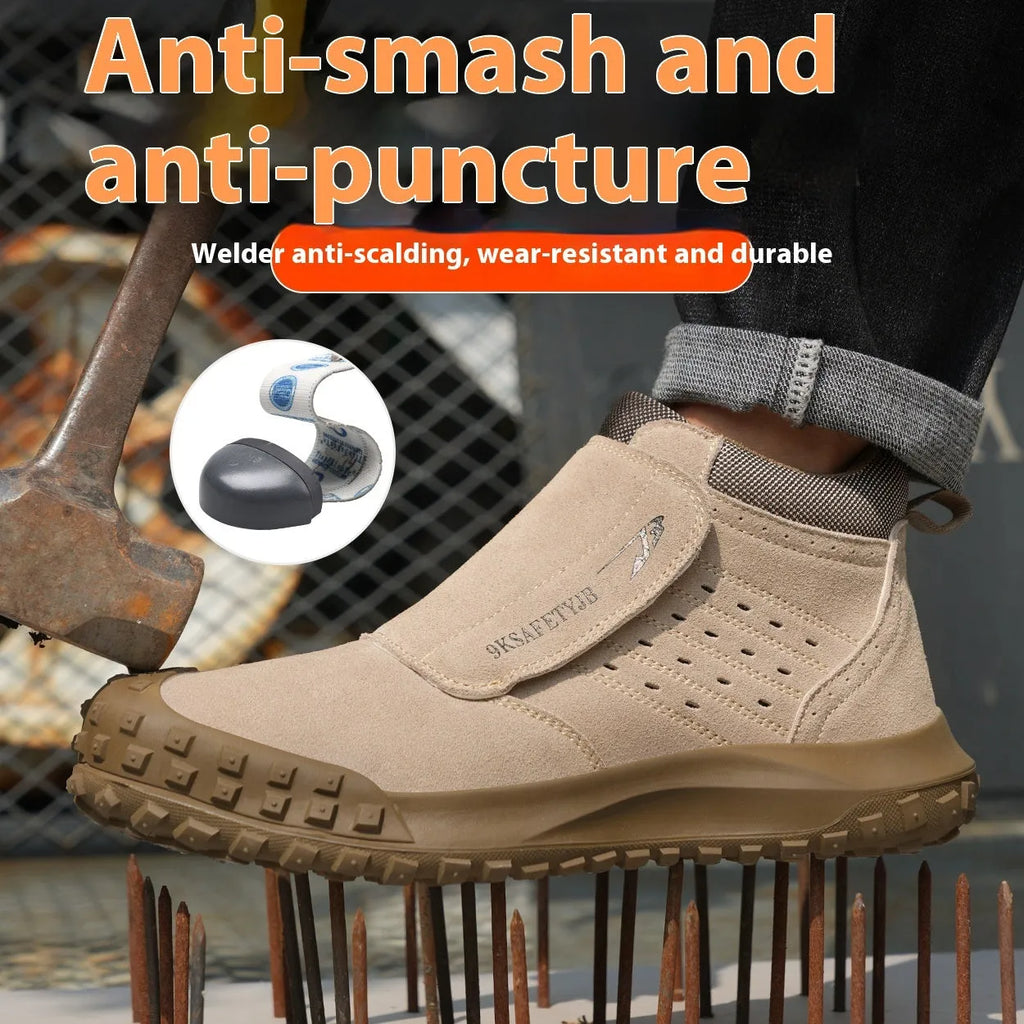 Lightweight welder labour protection safety shoes with steel toe cap and lace-up front, shown in sand colour.