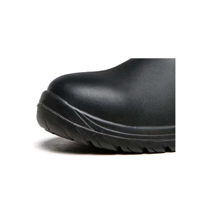 Black high-top cowhide leather safety work boots with anti-piercing sole.