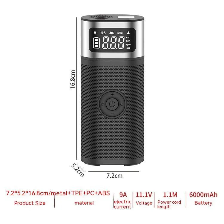 Black portable wireless vehicle air pump with USB charging cable, 15cm tube, and nozzles for bicycle, ball, and swimming ring.