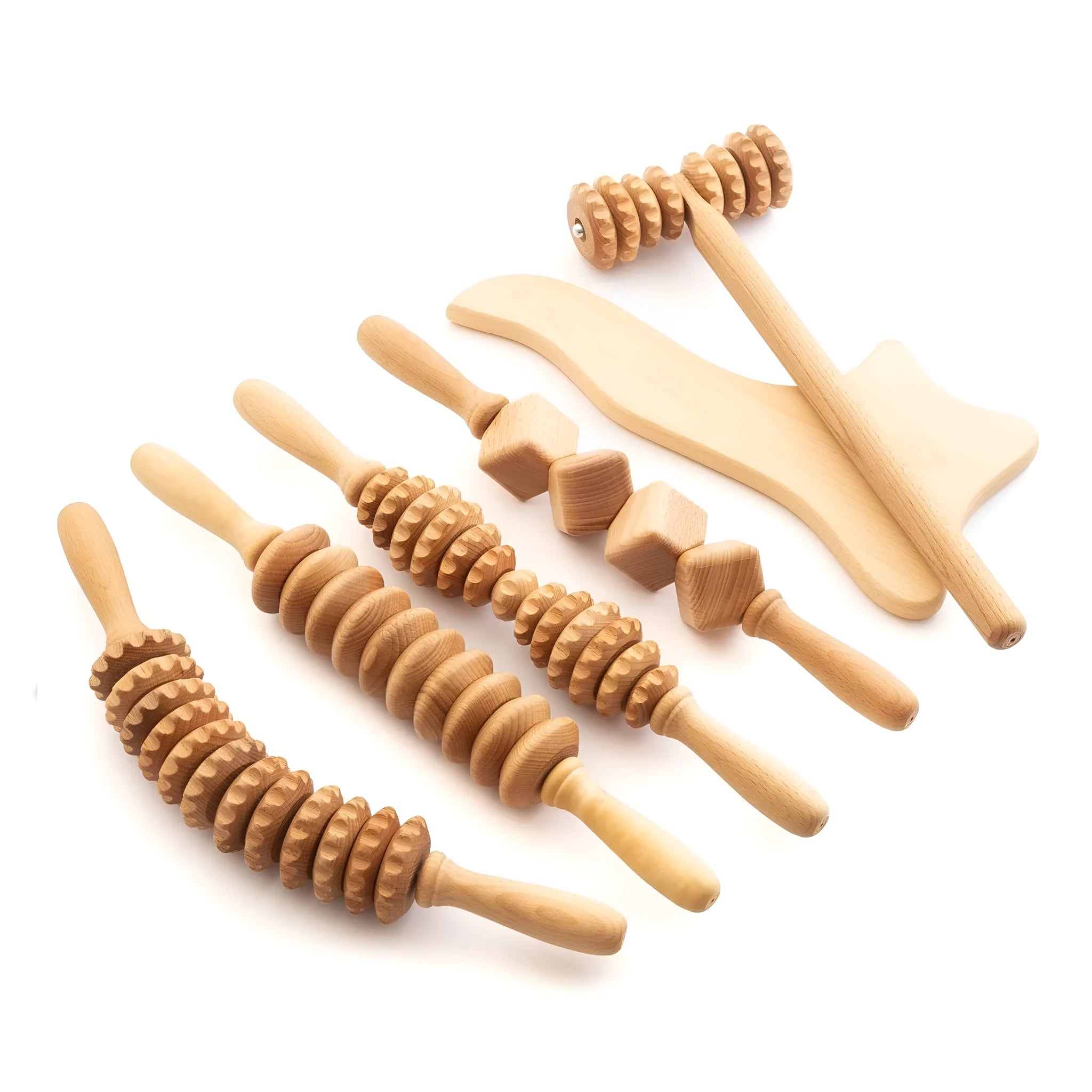 Natural beech wood massage roller set showing T-shaped, straight and curved wheel rollers on a table.