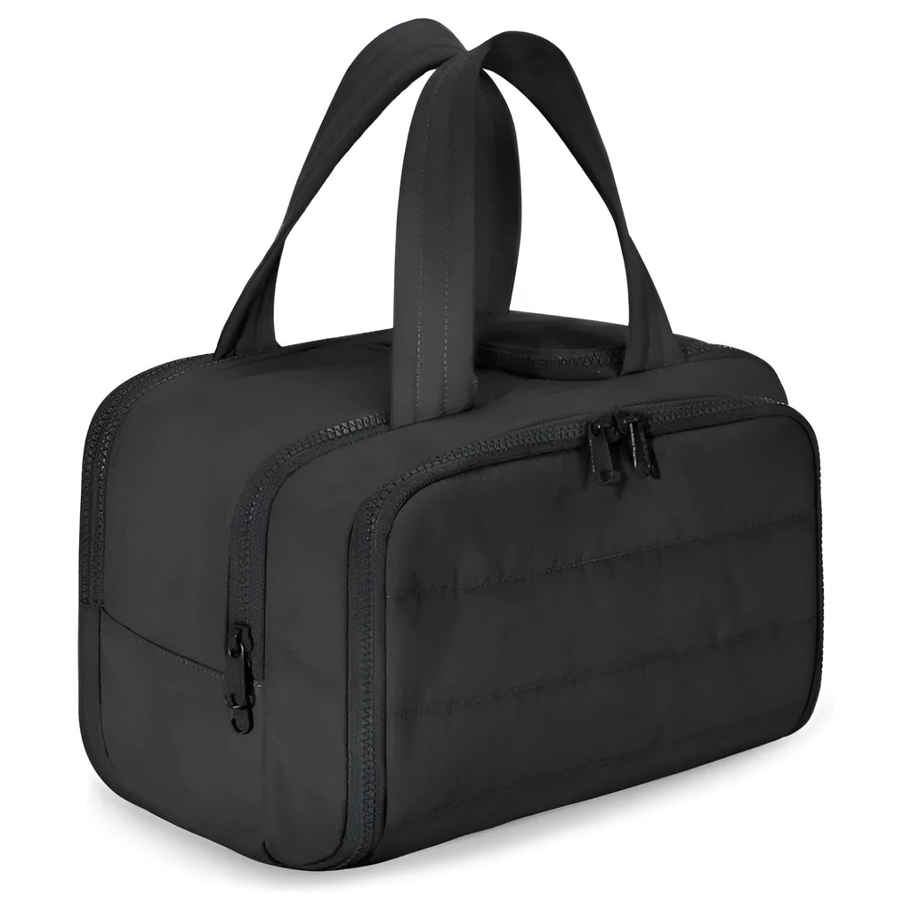 Large open-top travel toiletry bag in polyester, showing spacious interior and modern style.