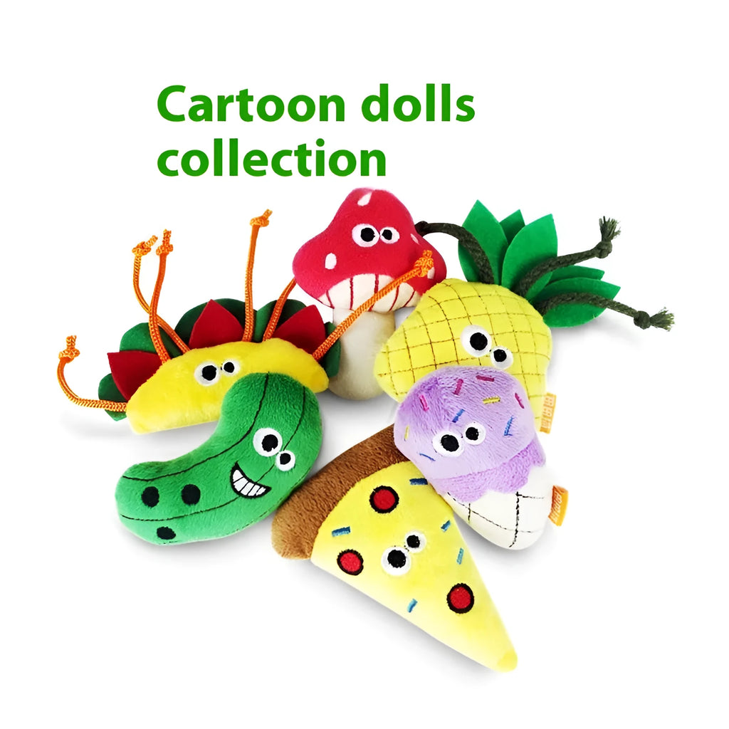 Six colourful polygonum multiflorum shaped cat toys: burrito, cone, cucumber, mushroom, pineapple, and pizza designs