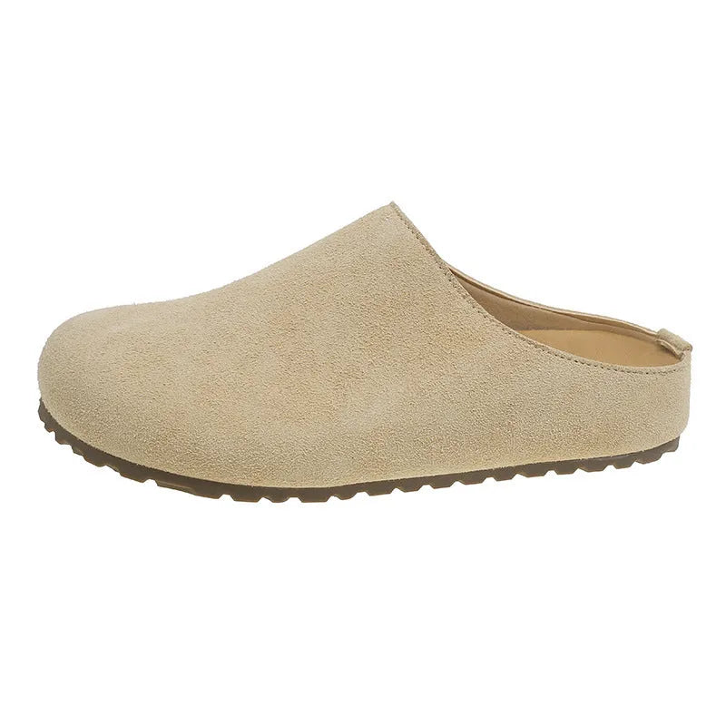 Korean-style soft flat slip-on slippers in apricot colour with square-toe design.