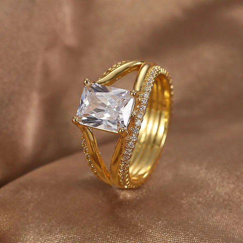 Gold geometric women's ring with square zircon stone in European sizes 6 to 9