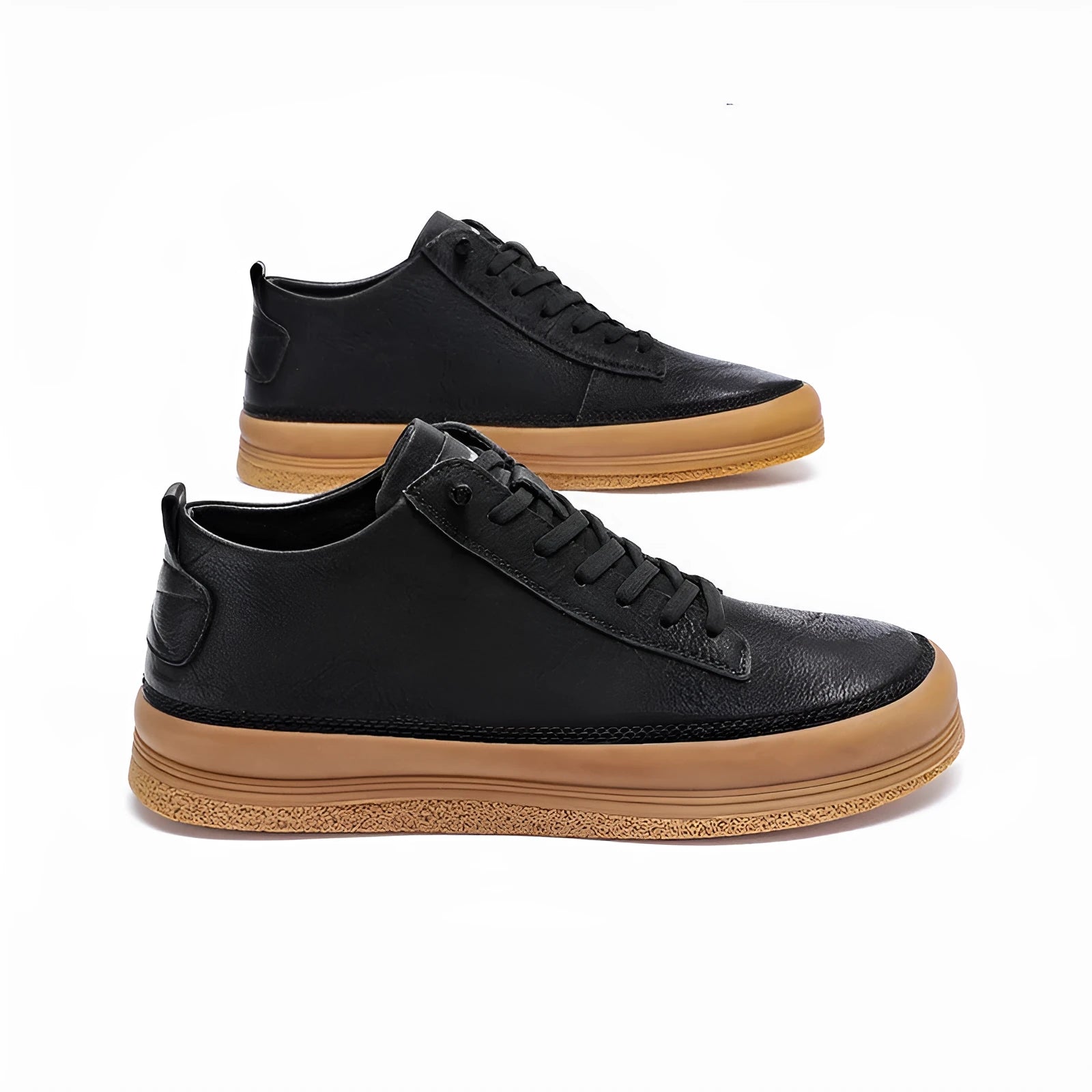 Men's black leather casual shoes with round toe, flat heel, and white rubber sole on a plain background.