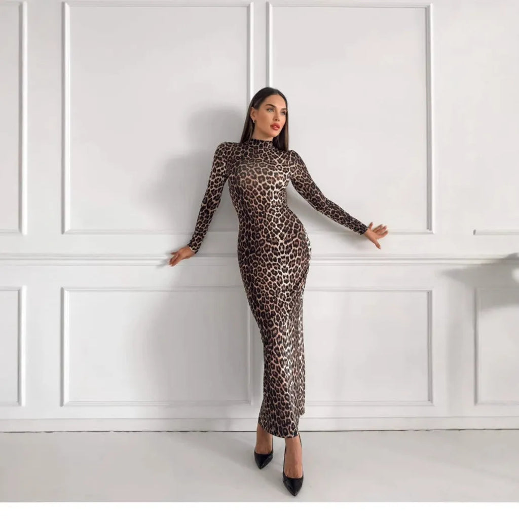 Leopard print stand collar long sleeve dress with high waist and hip skirt design