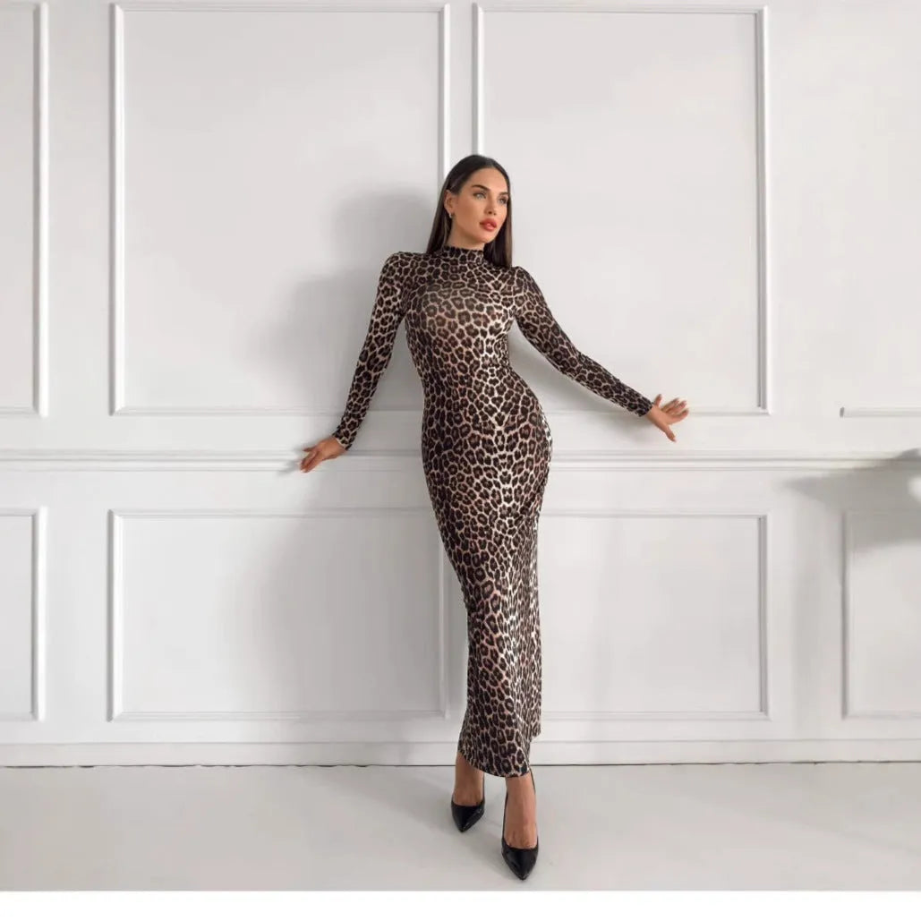 Leopard print stand collar long sleeve dress with high waist and hip skirt design
