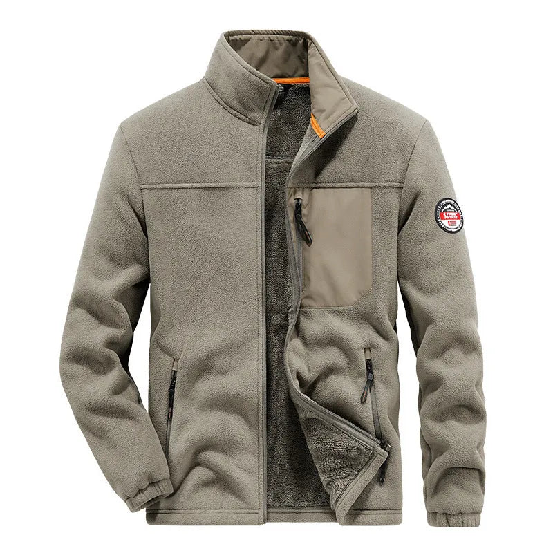 Men's solid colour fleece cardigan with zip pockets in gray, black, blue, or khaki