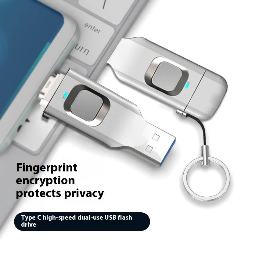 Black metal fingerprint encrypted USB flash drive with USB 3.0 and Type-C connectors.