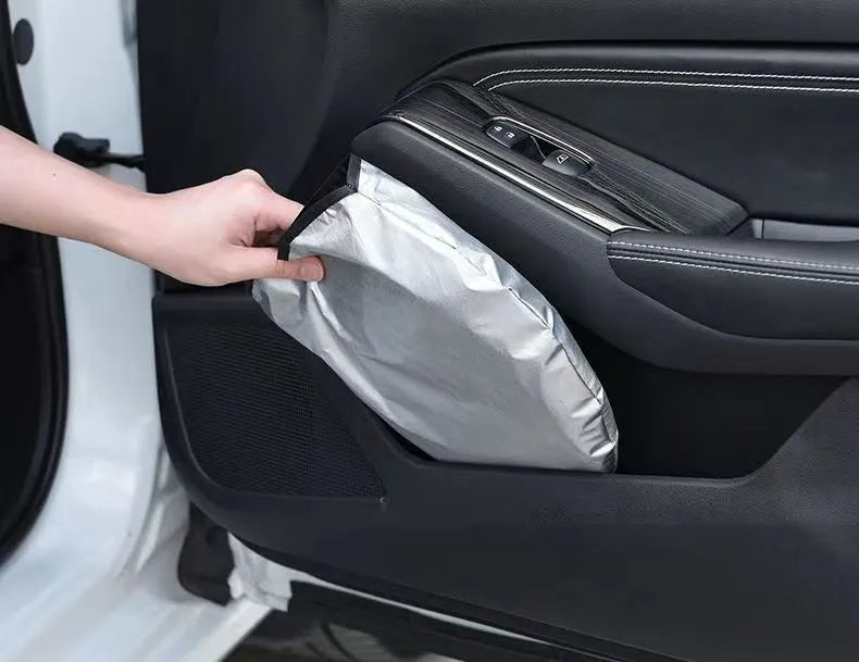 Titanium silver aluminium foil car sunshade for windscreen heat and UV protection.
