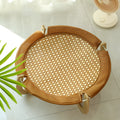 Brown woven rattan hammock pet bed measuring 46cm square with elevated design