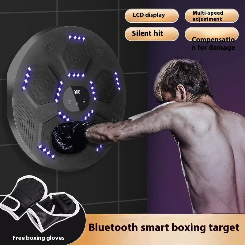 Smart music boxing reaction target hanging on wall with LED lights activated during training session