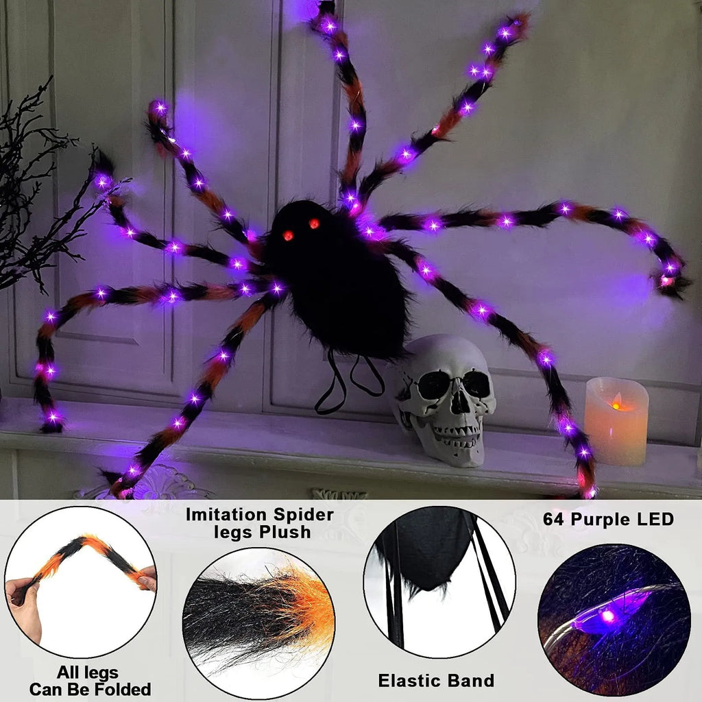 Halloween spider backpack with LED lighting in plush sugar bag design showing colour options