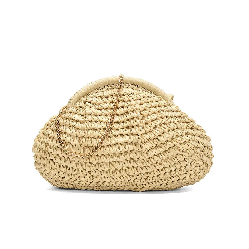 Women's woven paper straw beach bag with shoulder chain in khaki colour showing interior zip pocket