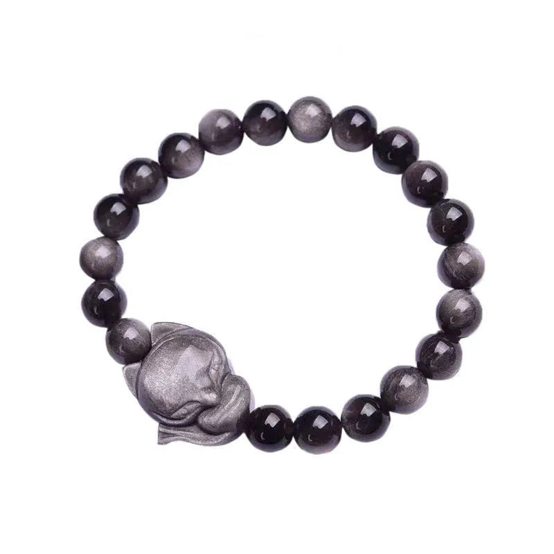 Black obsidian bracelet with fox ring charm and adjustable closure