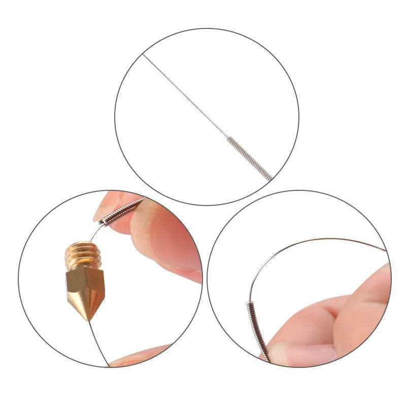 Ten Mk8 E3D format 3D printer nozzle cleaning needles in five diameter sizes from 0.2mm to 0.4mm