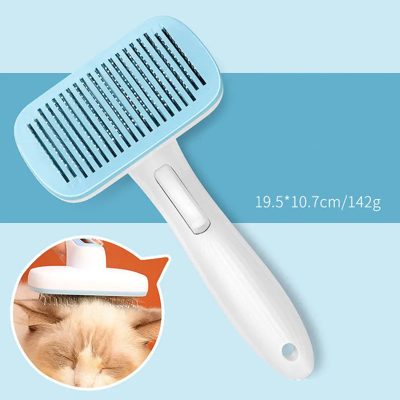 Automatic pet hair removal comb in blue, measuring 10.7cm by 19.5cm.
