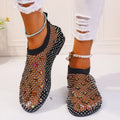 Women's colourful mesh flat sandals with rhinestone design and round toe profile