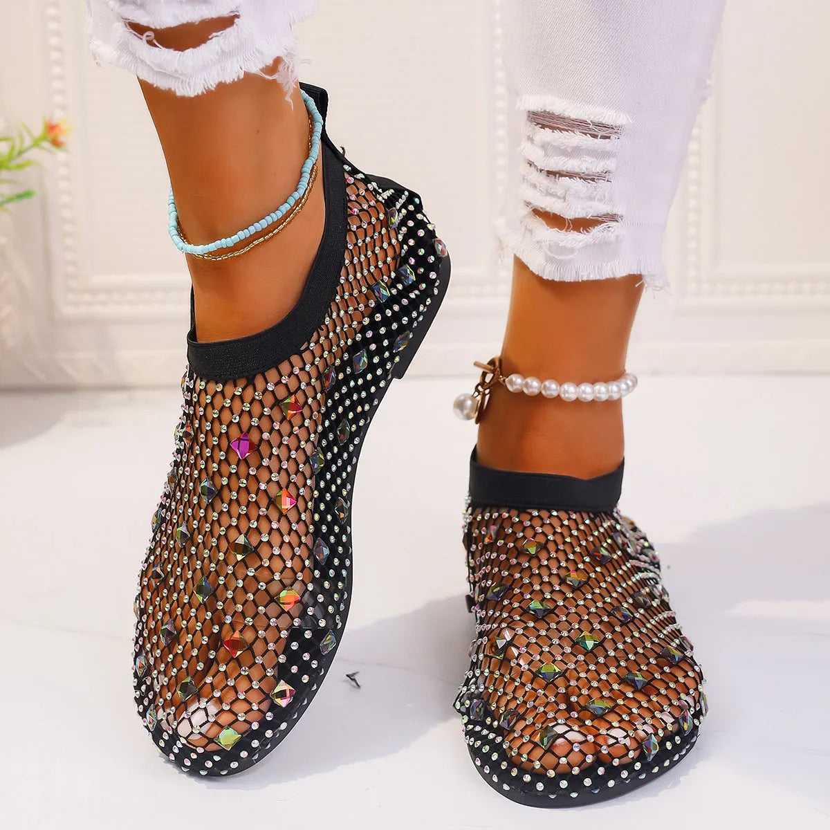 Women's colourful mesh flat sandals with rhinestone design and round toe profile