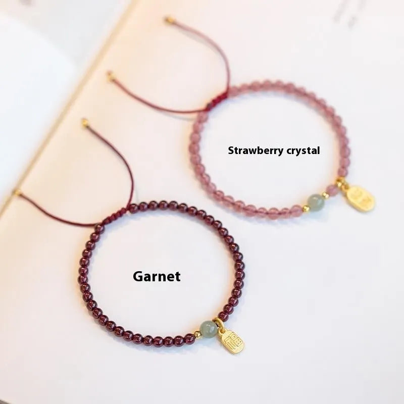 Red rope hand-woven bracelet with garnet or strawberry quartz stones in adjustable national tide style