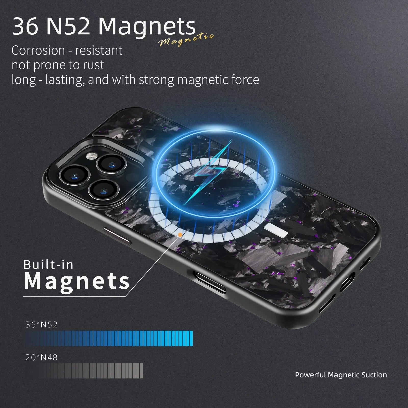 iPhone 17 protective shell with carbon fibre and forged metal frame in black frame blue gold with magnetic colour