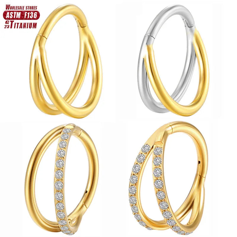 Titanium alloy fork prong nose ring on a white background, showing silver and gold colour options
