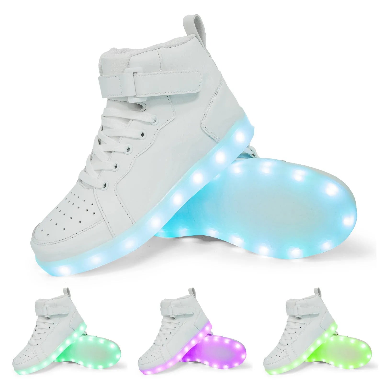 Pair of LED high-top board shoes with lights on, showing Velcro fastening and rubber sole.