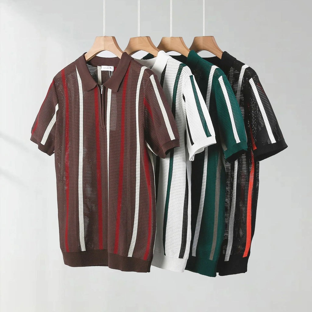 Men's black hollow mesh short-sleeved polo shirt with full-length front zipper decoration