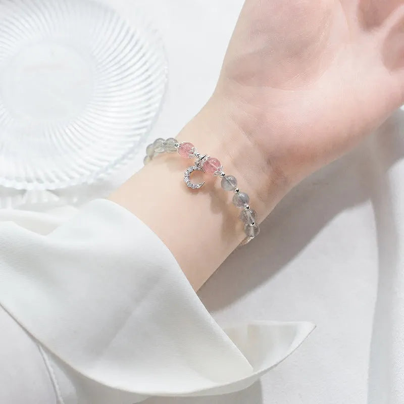 Natural moonstone handmade bracelet with adjustable clasp and crescent moon charm