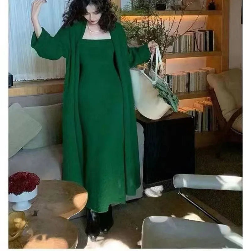 Women's knitted cardigan and long skirt dress suit set with flocking detail in various colours