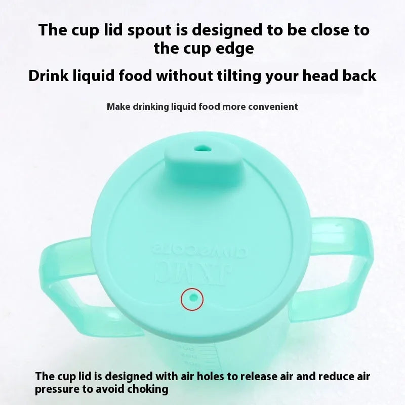 Adult care bed drinking cup with handle and lid, shown in oblique mouth choke proof style