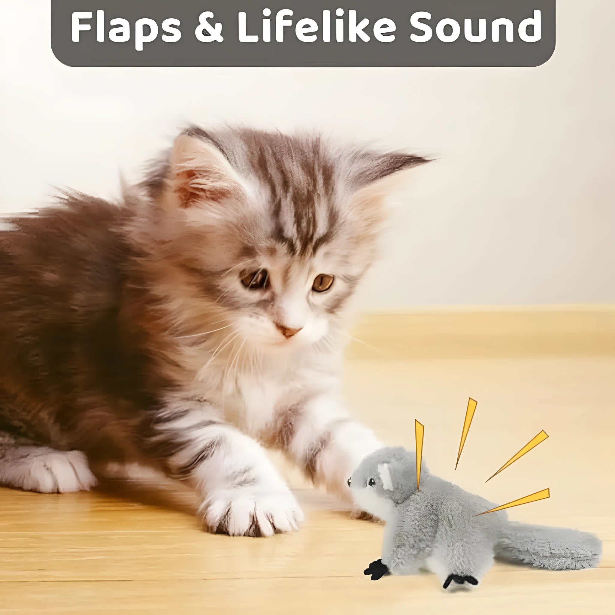 Grey flapping squirrel cat toy with waving wings and realistic sound effects
