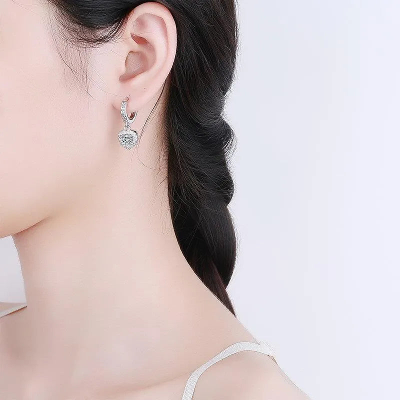 Copper inlaid zircon love earrings with heart shape and electroplated white gold or yellow gold colour finish
