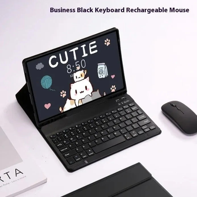 Bluetooth keyboard and charging mouse inside a soft TPU leather-look case for Samsung tablet