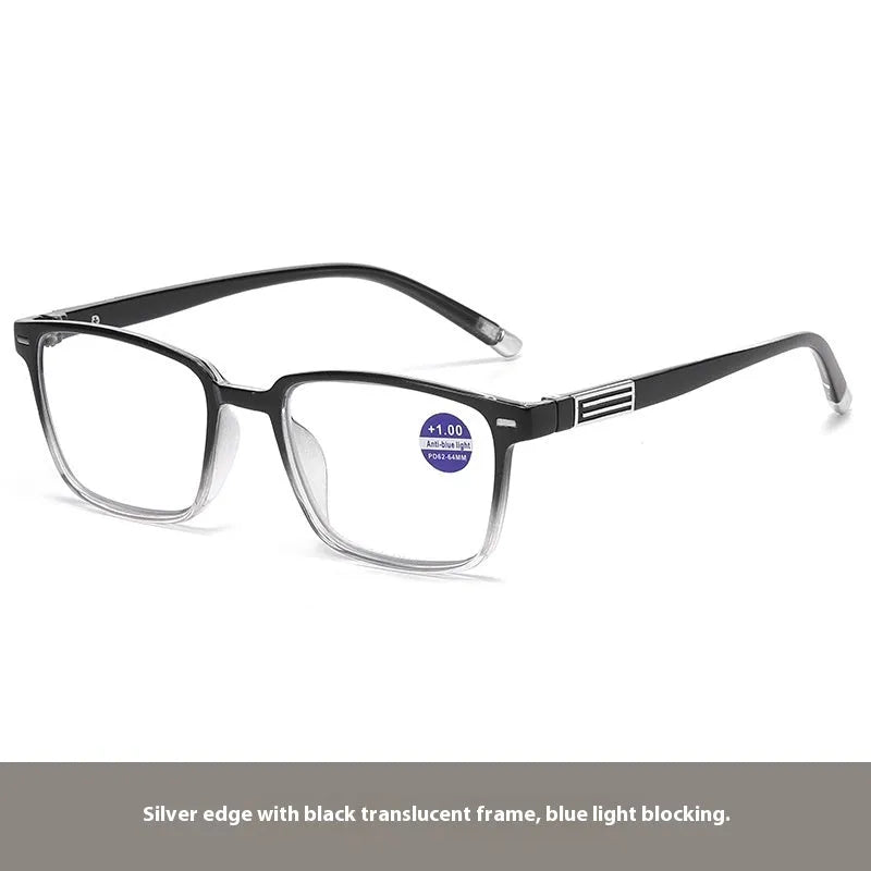 Multifocal reading glasses with anti blue light and colour changing lenses in a black and silver frame.