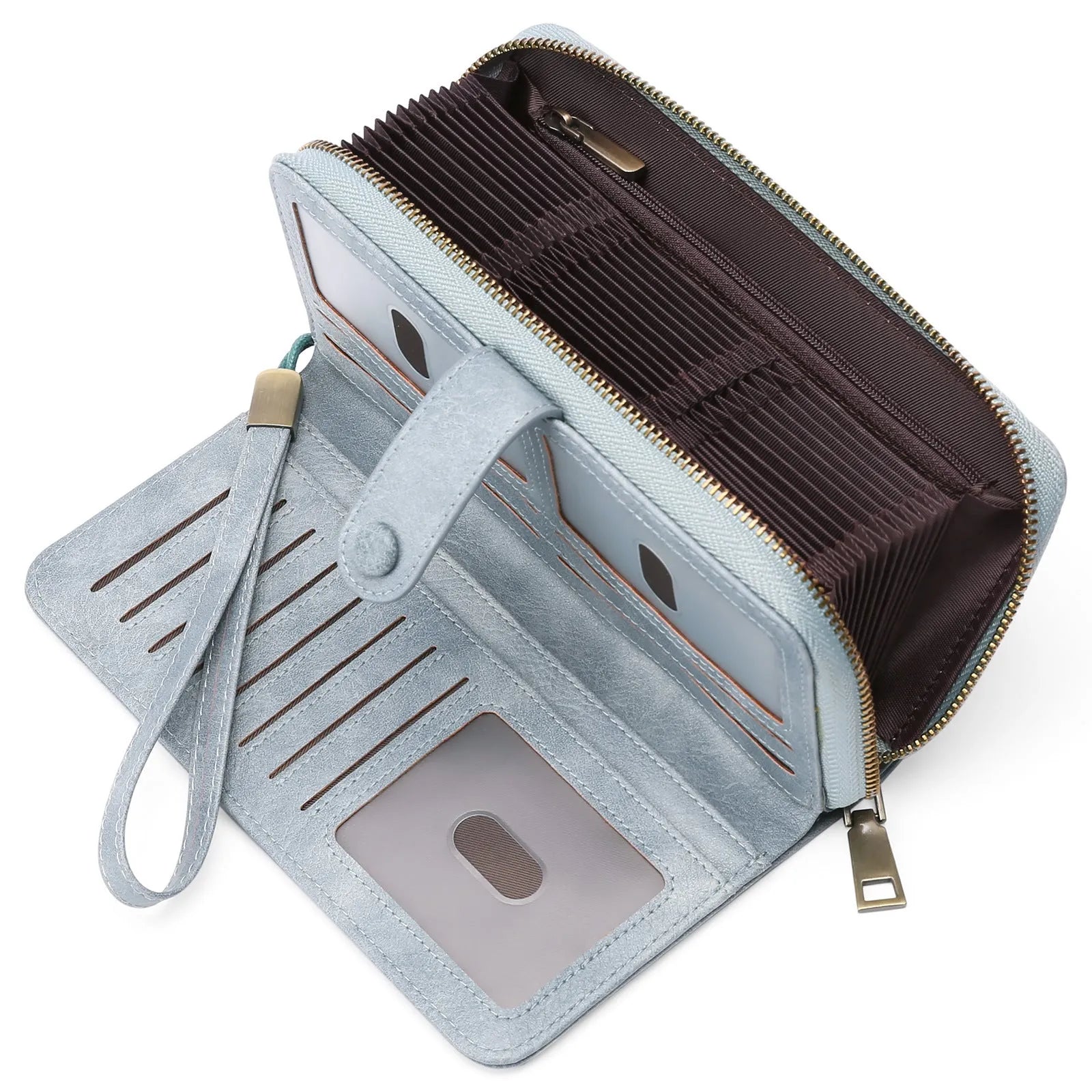 Expanding card holder women long wallet passport bag in light brown PU leather with anti-theft feature