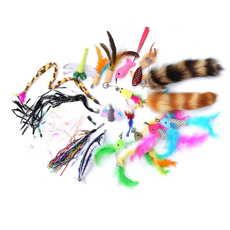 Cat teaser fishing rod set with two telescopic rods and 10 feather replacement heads