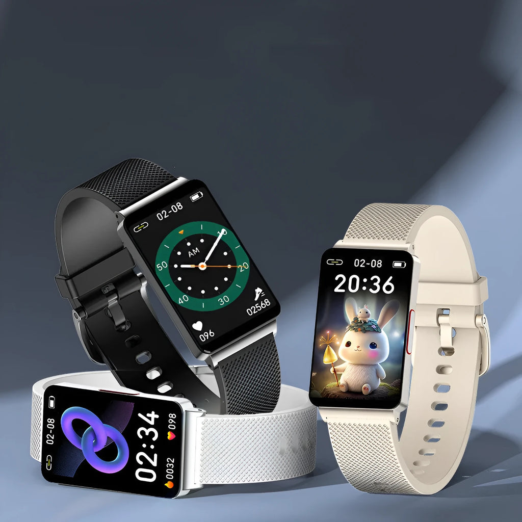 Blood Glucose EP08 Smart Bracelet in black, gold, or silver colours with a TPU strap and touch screen.