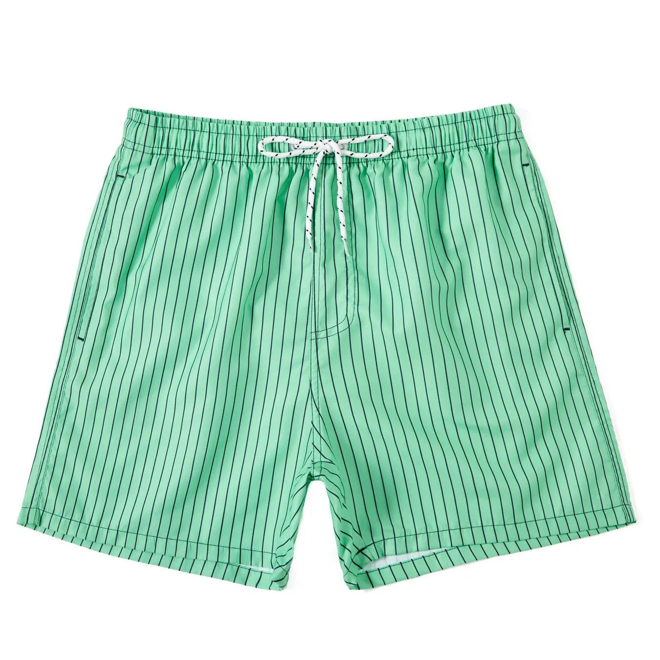 Men's striped polyester beach shorts in grey, shown with a straight leg fit and triangle lining detail.