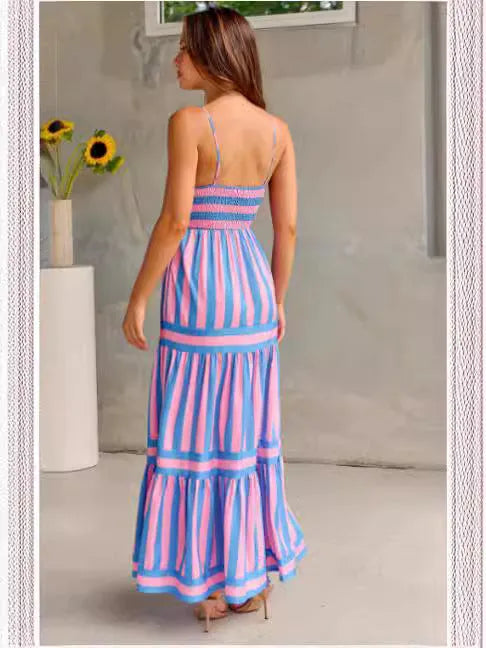 Long striped backless square neck summer dress with side pockets shown in multiple colour options.