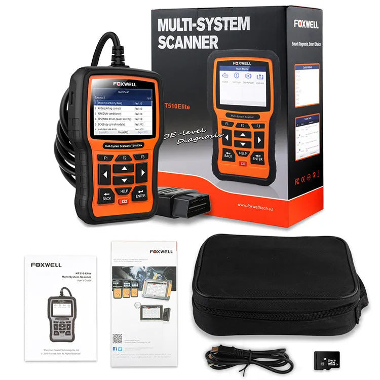 Foxwell NT510 orange and black automotive diagnostic scanner with OBD2 cable
